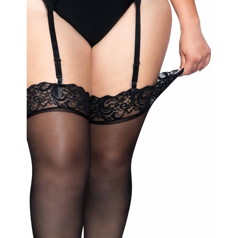 LEG AVENUE - OUTLET - SVARTA NYLONSTRUMPOR MED SPETSTOPPLUS