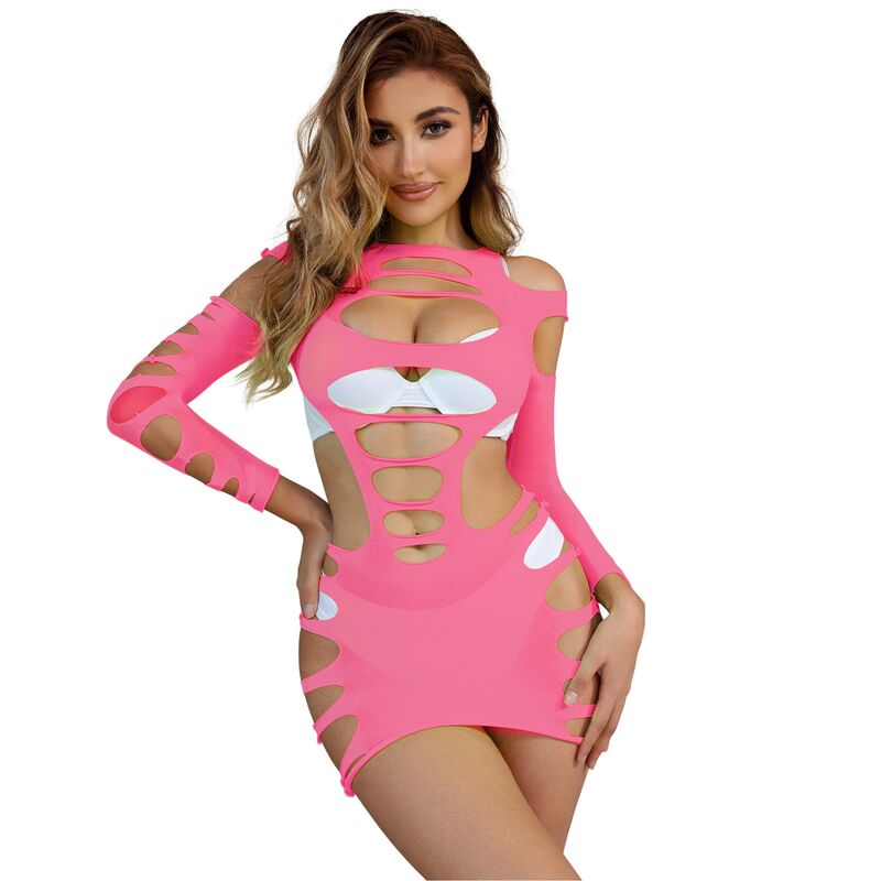 SUBBLIME - 952273 LÅNGÄRMAD ELASTISK FISKNÄTKLÄNNING ROSA EN STORLEK