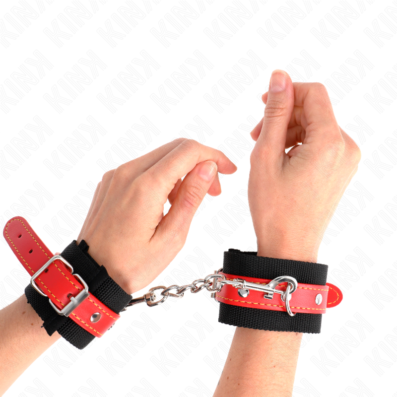 KINK - HANDLEDSBÄLTAR I NYLON, SVART MED RÖD KONSTGJORT, JUSTERBAR, 19-24 CM X 5,5 CM