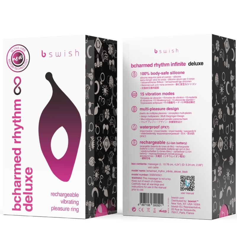 B SWISH - BCHARMED RHYTHM INFINITE DELUXE PENISRING 15 VIBRATIONER SVART