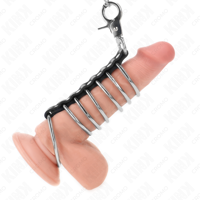 KINK - 7 METALLPENISRINGAR 3,8 CM TILL 5 ​​CM SAMMANFÖRBUNDNA MED LÄDER- OCH METALLKEDJA 100 CM