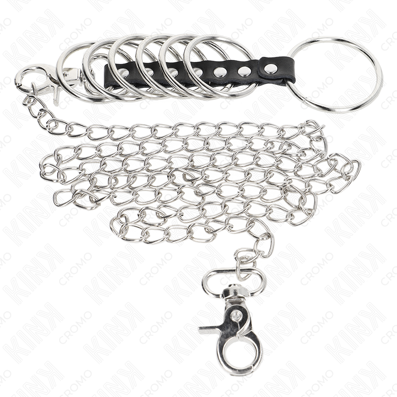 KINK - 7 METALLPENISRINGAR 3,8 CM TILL 5 ​​CM SAMMANFÖRBUNDNA MED LÄDER- OCH METALLKEDJA 100 CM