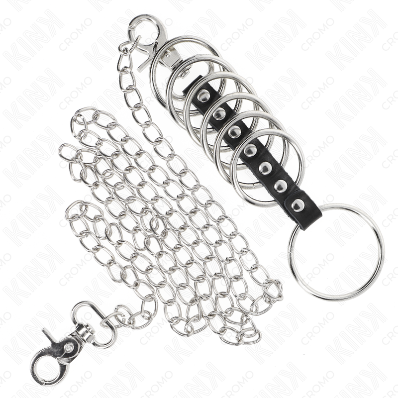 KINK - 7 METALLPENISRINGAR 3,8 CM TILL 5 ​​CM SAMMANFÖRBUNDNA MED LÄDER- OCH METALLKEDJA 100 CM