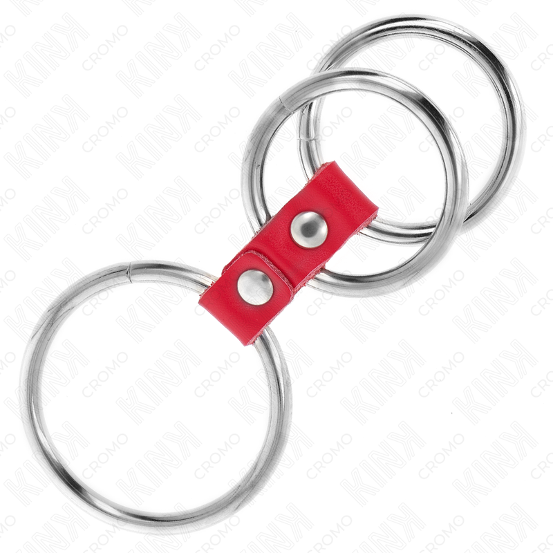 KINK - TRIPPEL METALLPENISRING 3,7 CM TILL 5 ​​CM FÖRBUNDEN MED RÖTT LÄDER