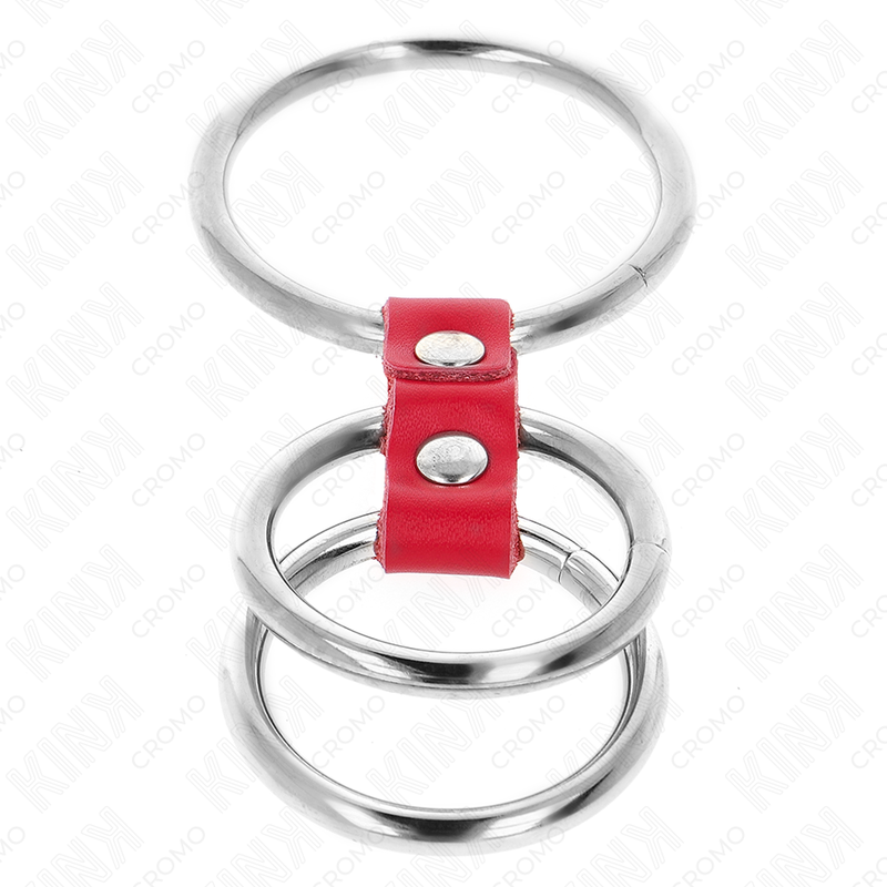 KINK - TRIPPEL METALLPENISRING 3,7 CM TILL 5 ​​CM FÖRBUNDEN MED RÖTT LÄDER