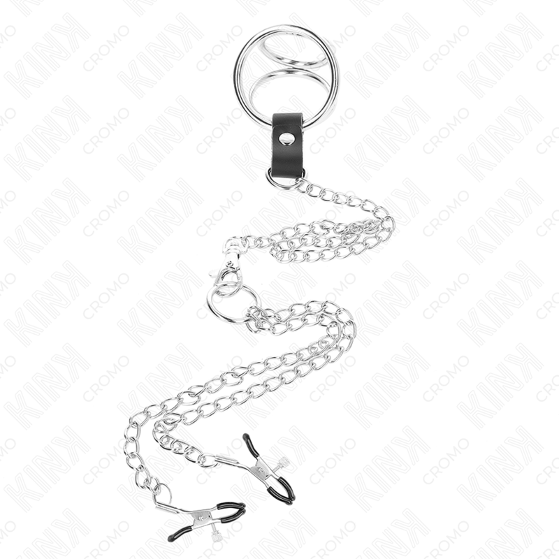 KINK - TRIPPEL KROMMETALLPENISRING 3,8 CM TILL 5 ​​CM MED 26 CM METALLKEDJA OCH BRÖSTVÅRTKLÄMMA MODELL 1