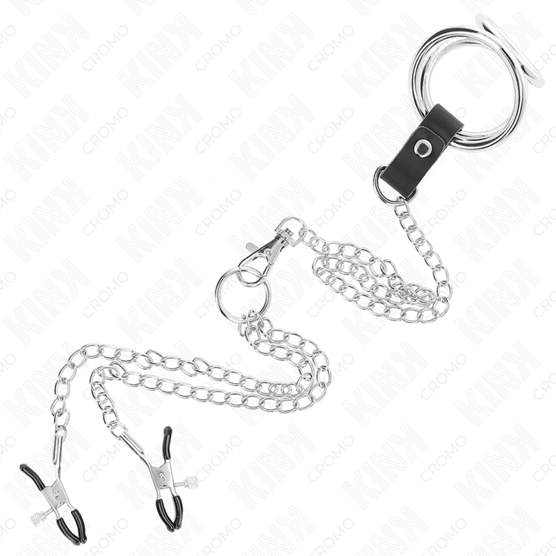 KINK - TRIPPEL KROMMETALLPENISRING 3,8 CM TILL 5 ​​CM MED 26 CM METALLKEDJA OCH BRÖSTVÅRTKLÄMMA MODELL 1