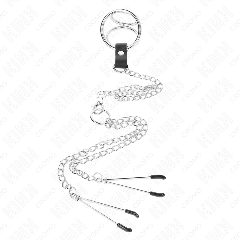 KINK - TRIPPEL KROMMETALLPENISRING 3,8 CM TILL 5 ​​CM MED 26 CM METALLKEDJA OCH BRÖSTVÅRTKLÄMMA MODELL 2