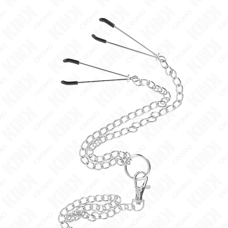 KINK - TRIPPEL KROMMETALLPENISRING 3,8 CM TILL 5 ​​CM MED 26 CM METALLKEDJA OCH BRÖSTVÅRTKLÄMMA MODELL 2