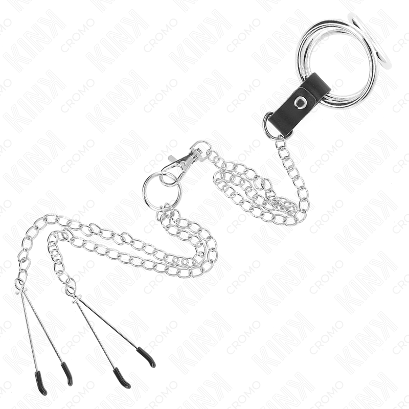 KINK - TRIPPEL KROMMETALLPENISRING 3,8 CM TILL 5 ​​CM MED 26 CM METALLKEDJA OCH BRÖSTVÅRTKLÄMMA MODELL 2