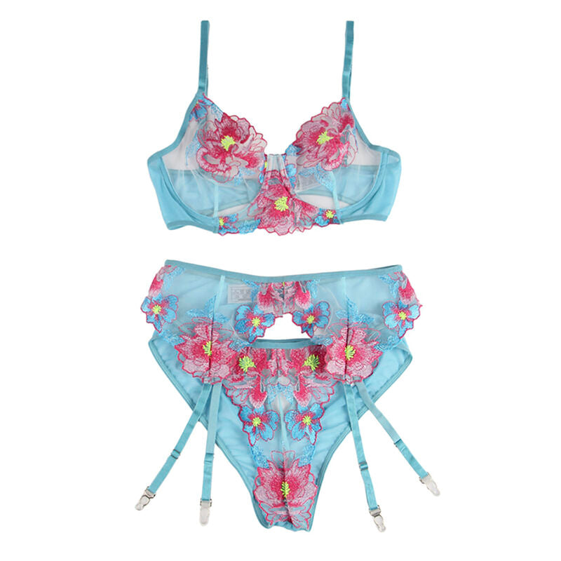 SUBBLIME - 954116 BH + TROSOR MED HÅLLBÄRDE BLOMSTERDESIGN BLÅ L/XL