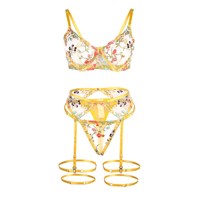 SUBBLIME - 954345 BH + THONG + HÅLLBANDSBÄLTE MED BLOMSTERDESIGN GUL S/M