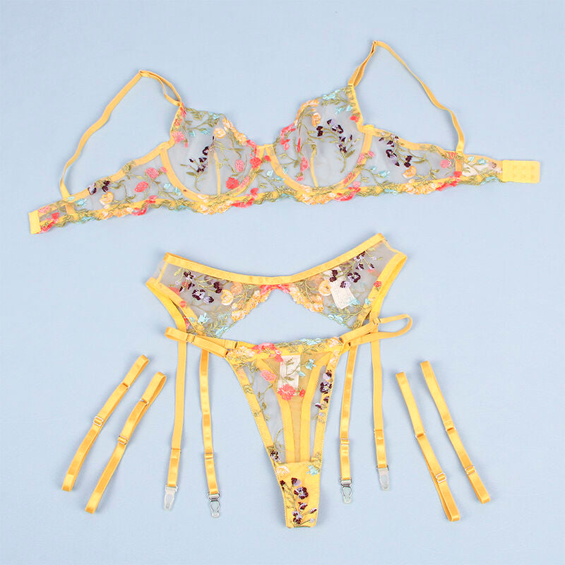 SUBBLIME - 954345 BH + THONG + HÅLLBANDSBÄLTE MED BLOMSTERDESIGN GUL S/M