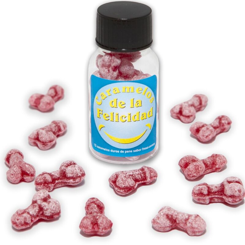 DIABLO PICANTE - BURK MED 12 JORDGUBB/KÖRSBÄR HAPPY PENISFORMAD GODISAR