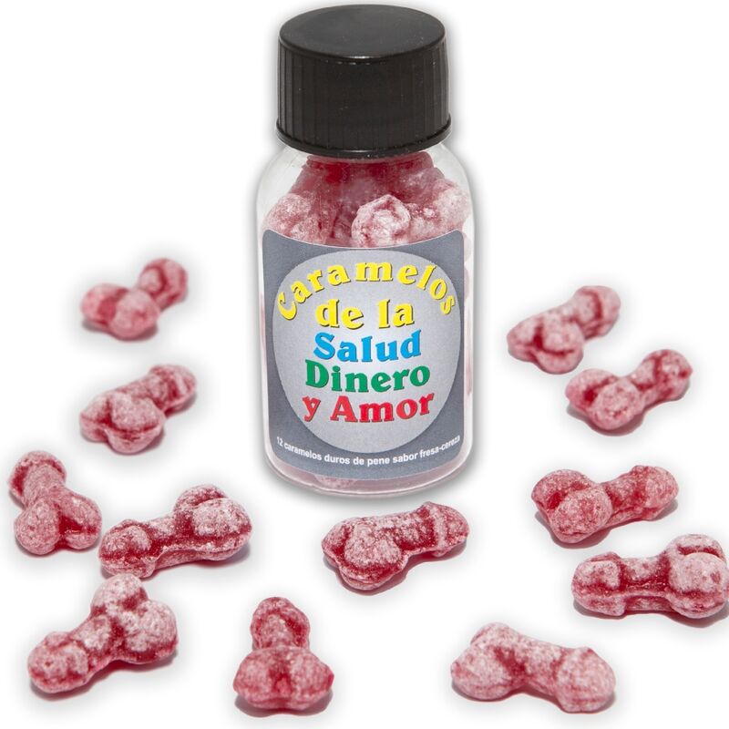 DIABLO PICANTE - 12 HÄLSA-PENGAR-KÄRLEKSGODISAR PENISFORMAD JORDGUBB/KÖRSBÄR