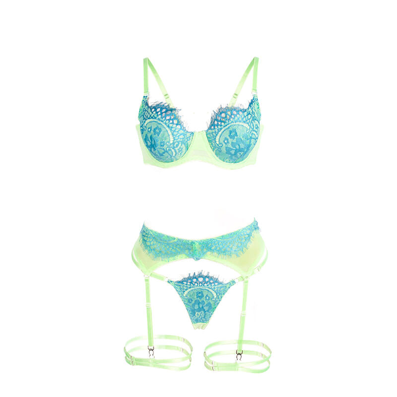 SUBBLIME - 955328 BH-SET MED SPETS OCH RÄTTMÖNSKNING GRÖN OCH BLÅ L/XL