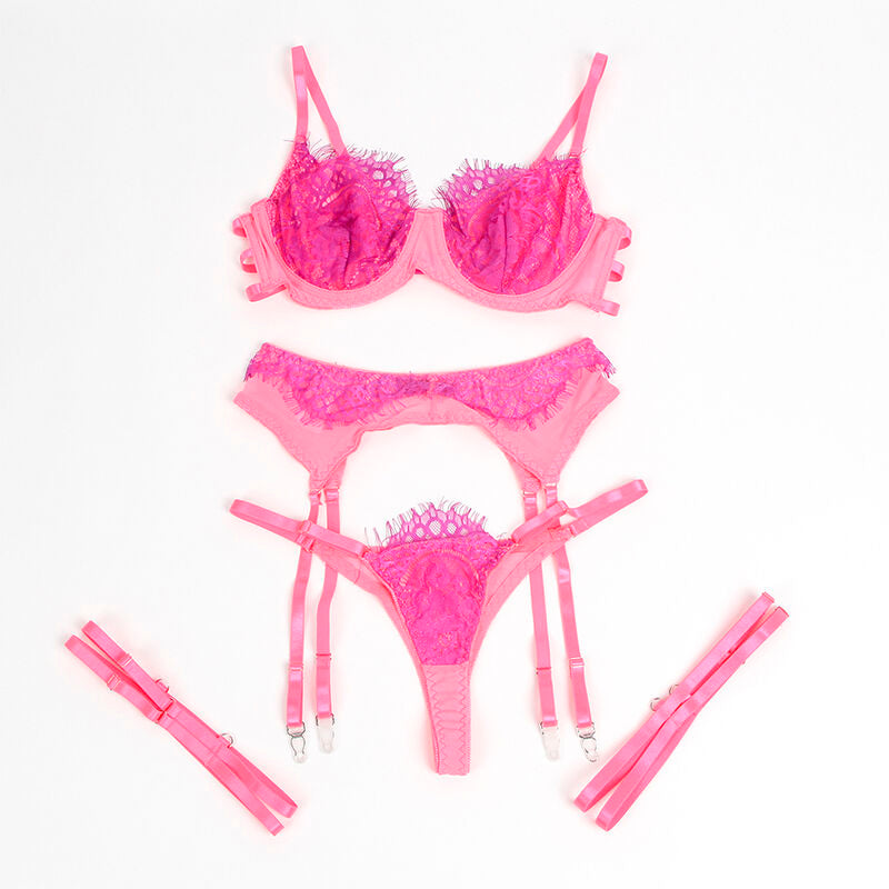 SUBBLIME - 955359 BH-SET MED SPETS OCH RÖRMEDELSKNAPPAR ROSA OCH LILA S/M
