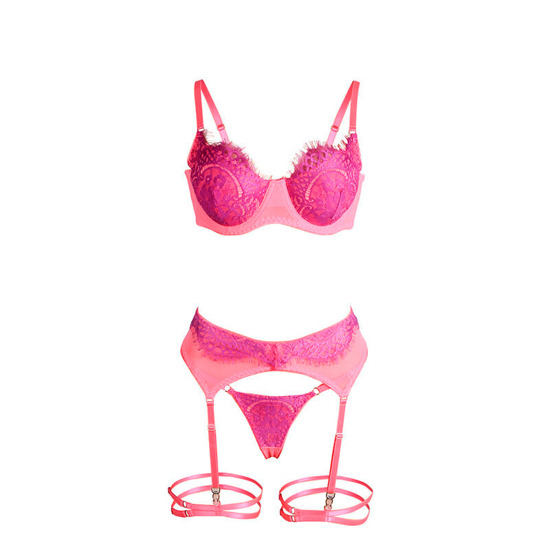 SUBBLIME - 955359 BH-SET MED SPETS OCH RÖRMEDELSKNAPPAR ROSA OCH LILA S/M