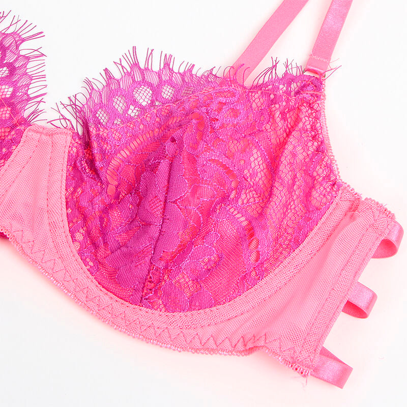 SUBBLIME - 955366 BH-SET MED SPETS OCH RÄTTMÖNSKNING ROSA OCH LILA L/XL