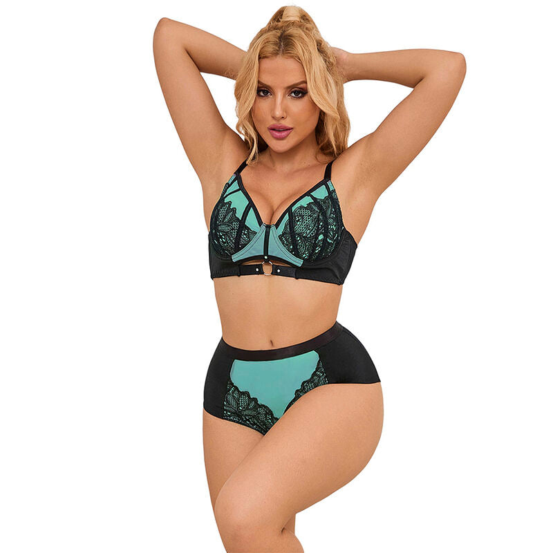 SUBBLIME - 955564 GRÖNT LACKSKINN MED MESH DRAGKEDJA-BH-SET L/XL