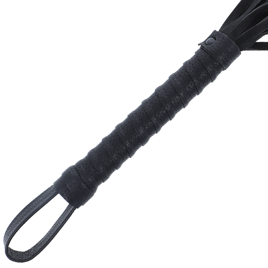 MÖRKR - SVART BONDAGEPISKA MED LÄDERHANDTAG